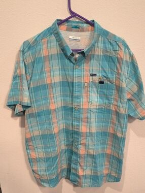 Columbia Aqua and Peach Plaid Short-Sleeve Button-Up Shirt PFG Fishing Women XL